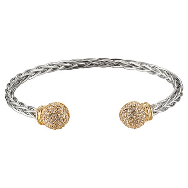 TWO TONE METAL CABLE RHINESTONE OPEN CUFF BRACELET