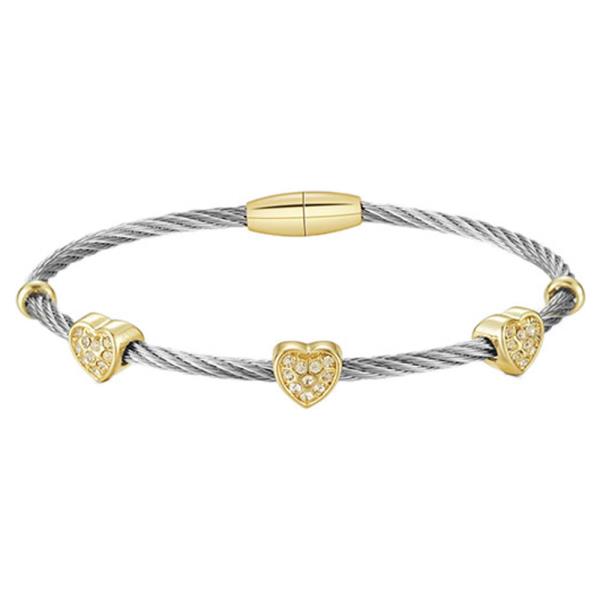 TWO TONE METAL CABLE CZ HEART MAGNETIC BRACELET