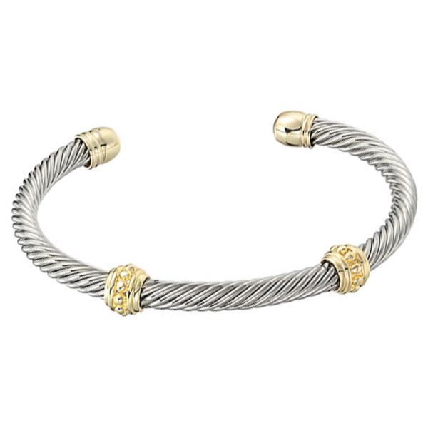 TWO TONE METAL CABLE RHINESTONE OPEN CUFF BRACELET