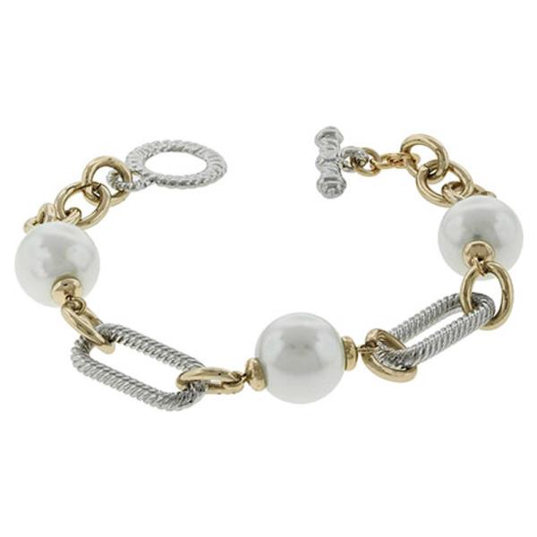 TWO TONE METAL LINK FAUX PEARL BRACELET