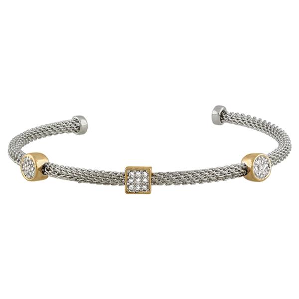 TWO TONE METAL CABLE CZ OPEN CUFF BRACELET