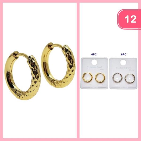 STAINLESS STEEL TEXTURED HUGGIE HOOP EARRINGS (12 UNITS)