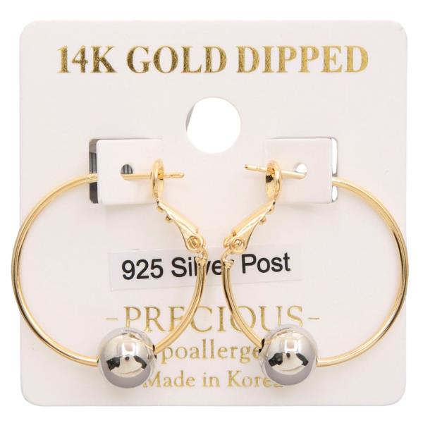 14K GOLD DIPPED TWO TONE BALL BEAD SILVER POST GOLD DIPPED HOOP EARRING
