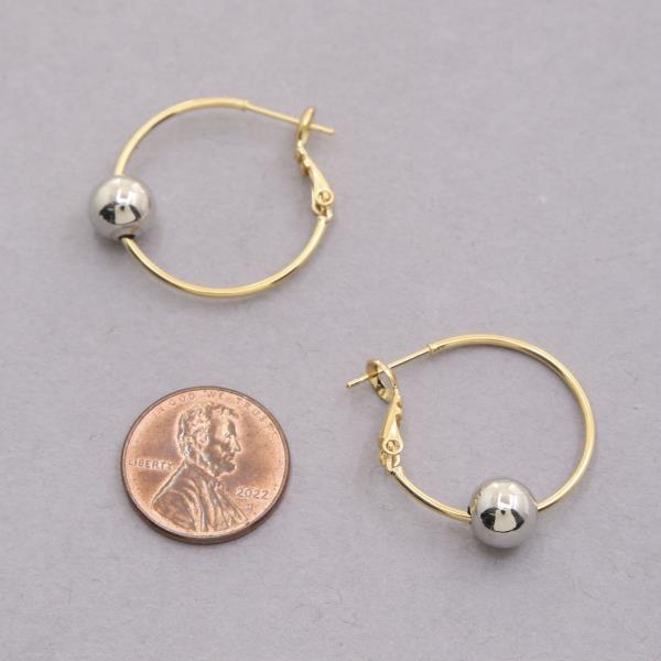 14K GOLD DIPPED TWO TONE BALL BEAD SILVER POST GOLD DIPPED HOOP EARRING