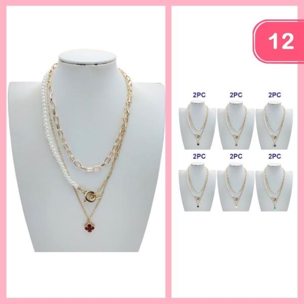 LAYERED PEARL CHAIN FLOWER PENDANT NECKLACE (12 UNITS)