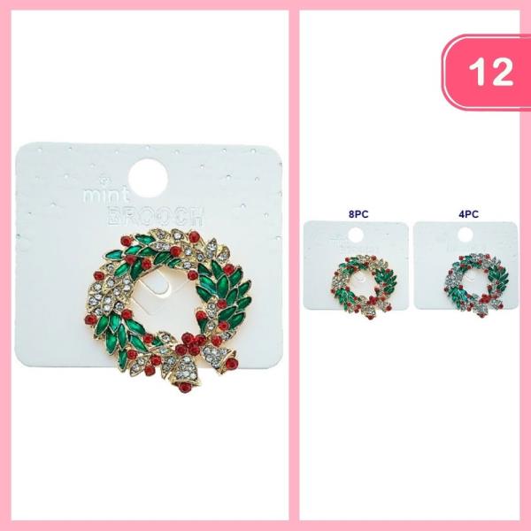 CHRISTMAS RHINESTONE WREATH BROOCH (12 UNITS)