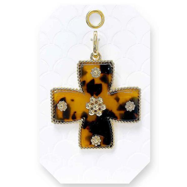 FLOWER STUD WIDE CROSS TORTOISE PATTERN BAG CHARM