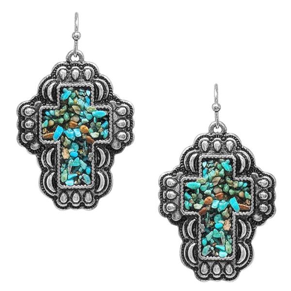 WESTERN STYLE TURQUOISE CHIP CROSS EARRING