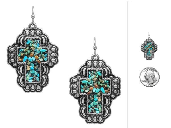 WESTERN STYLE TURQUOISE CHIP CROSS EARRING