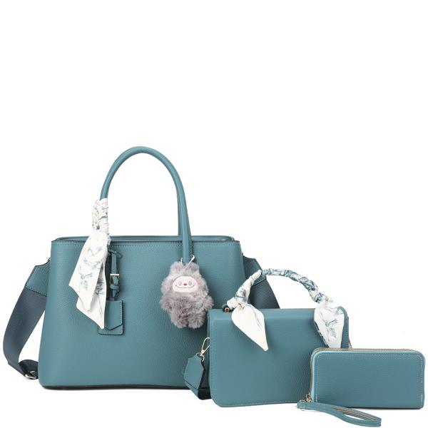 3NI1 TEXTURED SCARF HANDLE SATCHEL W MINI BAG AND WALLET SET