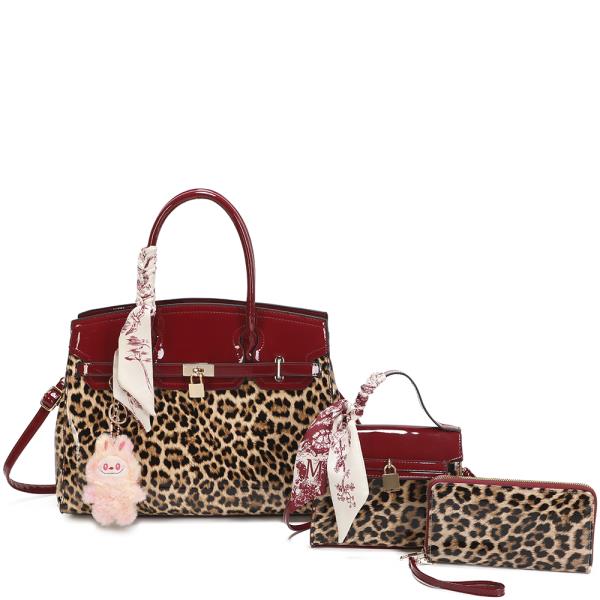 3IN1 LEOPARD PRINT SATCHEL W MATCHING BAG AND WALLET SET
