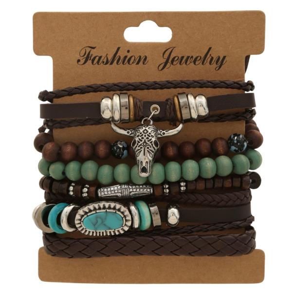 WESTERN STYLE CATTLE SKULL BEADED BRACELET SET