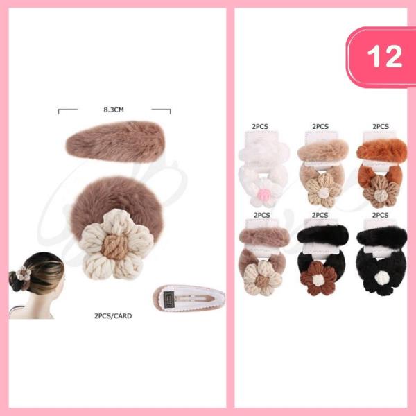 CROCHET FLOWER FUSSY HAIR TIE WITH SNAP HAIR PIN (12 UNITS)