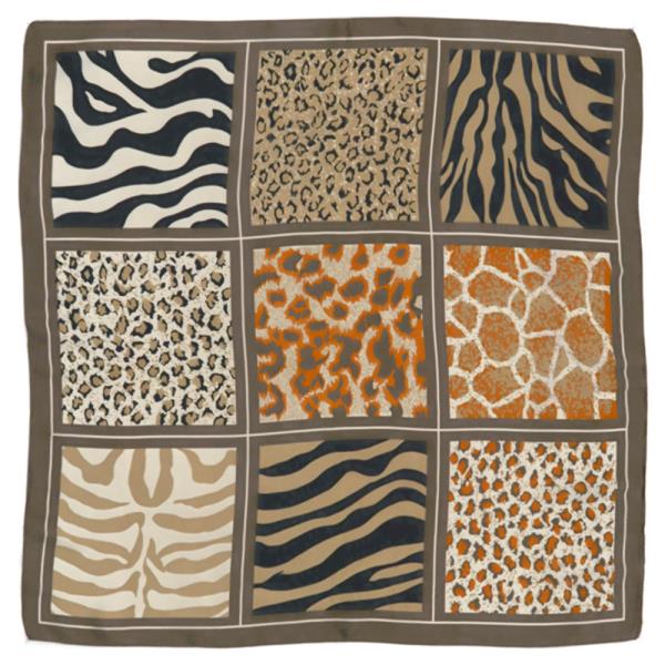ANIMAL MIX LEOPARD ZEBRA PATCH PRINT SILKY BANDANA SQUARE NECK SCARF