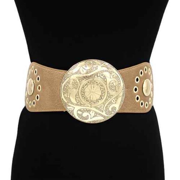 ENGRAVED ROUND WESTERN BUCKLE LEATHER ELASTIC BELT