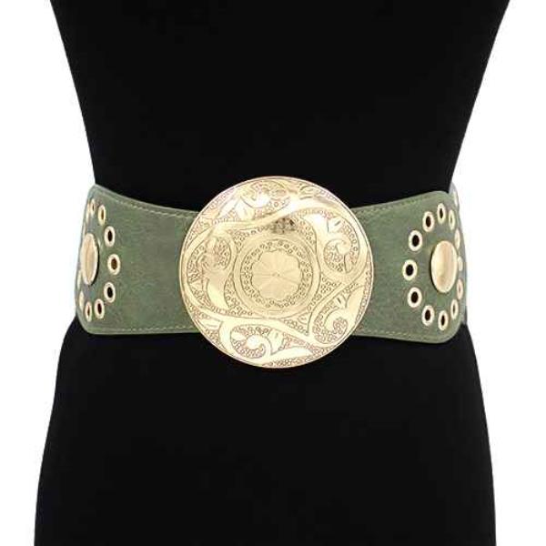 ENGRAVED ROUND WESTERN BUCKLE LEATHER ELASTIC BELT