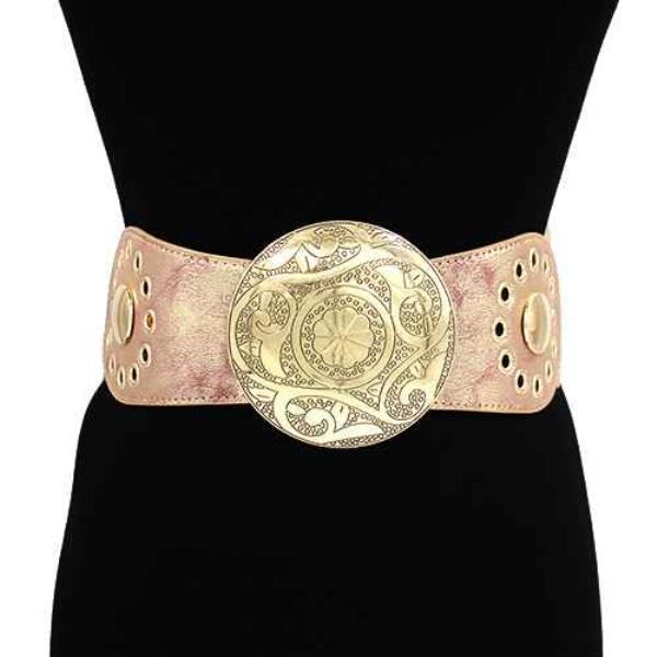 ENGRAVED ROUND WESTERN BUCKLE LEATHER ELASTIC BELT
