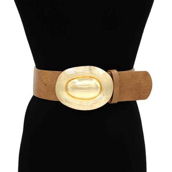 SMOOTH OVAL GOLD BUCKLE LEATHER ELASTIC BELT