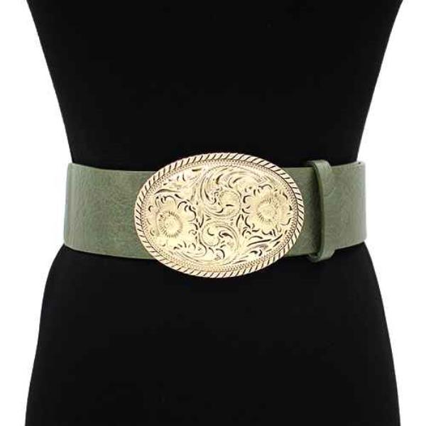 ENGRAVED OVAL BUCKLE LEATHER ELASTIC BELT