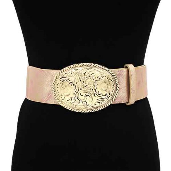 ENGRAVED OVAL BUCKLE LEATHER ELASTIC BELT