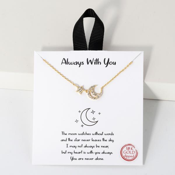 18K GOLD RHODIUM ALWAYS WITH YOU STAR AND MOON PENDANT NECKLACE
