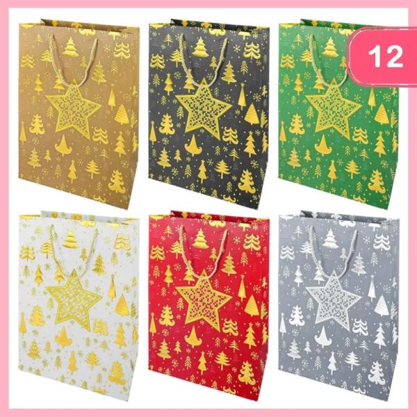 MEDIUM GOLD STAR CHRISTMAS GIFT BAGS (12 UNITS)