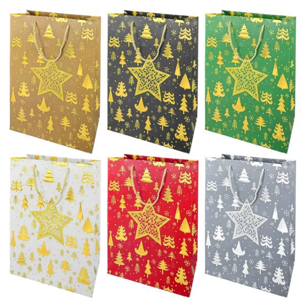 MEDIUM GOLD STAR CHRISTMAS GIFT BAGS (12 UNITS)