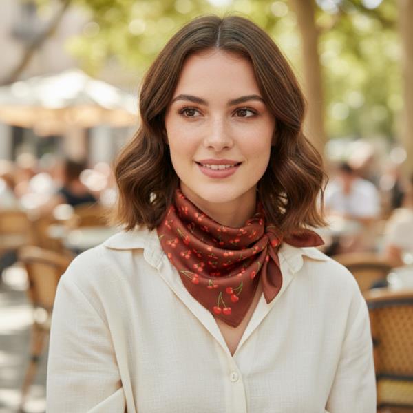 CHERRY MOTIF PRINT SILKY BANDANA SQUARE NECK SCARF