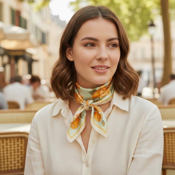 BRIGHT ROSE GARDEN PRINT SILKY BANDANA SQUARE NECK SCARF