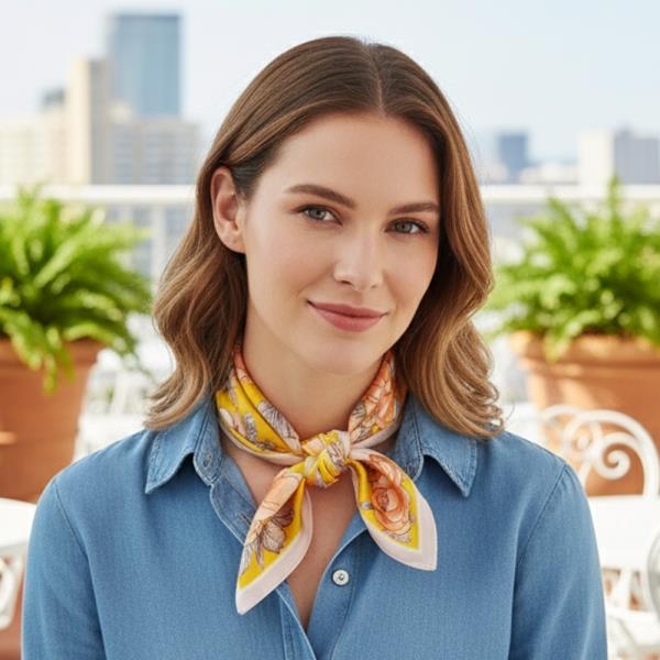 BRIGHT ROSE GARDEN PRINT SILKY BANDANA SQUARE NECK SCARF