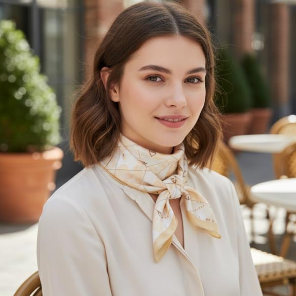 FLORAL OVERLAY QUILTED PATTERN SILKY BANDANA SQUARE NECK SCARF