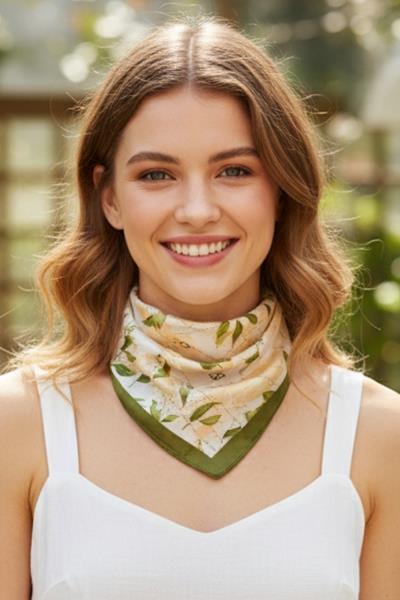 FLORAL OVERLAY QUILTED PATTERN SILKY BANDANA SQUARE NECK SCARF