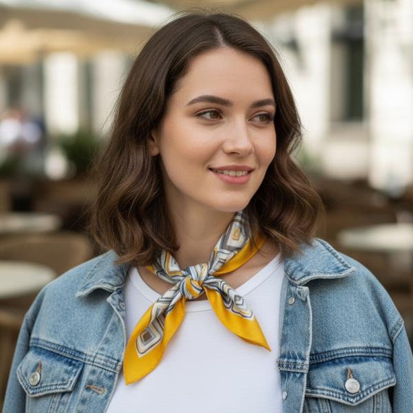 GEOMETRIC ABSTRACT SQUARE PATTERN SILKY BANDANA SQUARE NECK SCARF