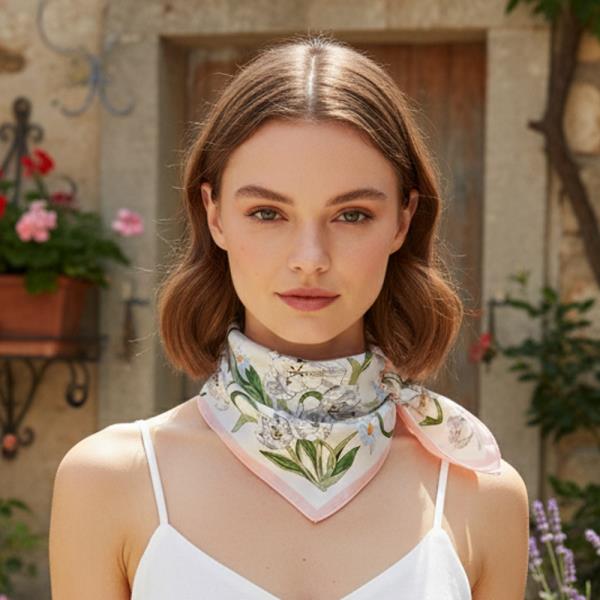 SPRING TULIP FLORAL PRINT SILKY BANDANA SQUARE NECK SCARF