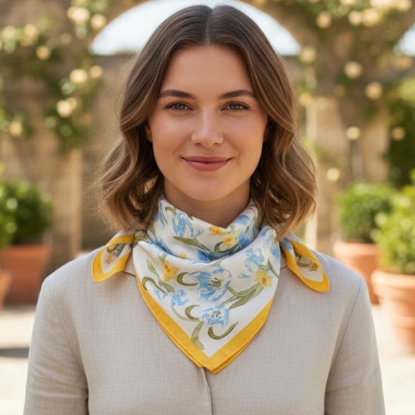 SPRING TULIP FLORAL PRINT SILKY BANDANA SQUARE NECK SCARF