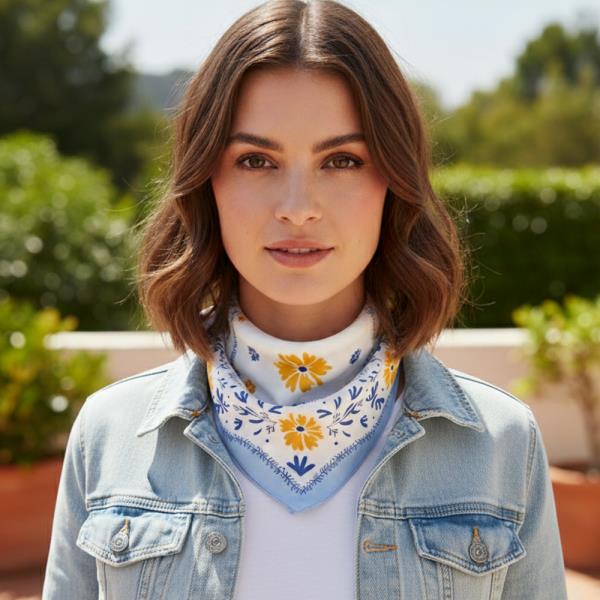 DAISY BORDER EMBROIDERY PRINT SILKY BANDANA SQUARE NECK SCARF
