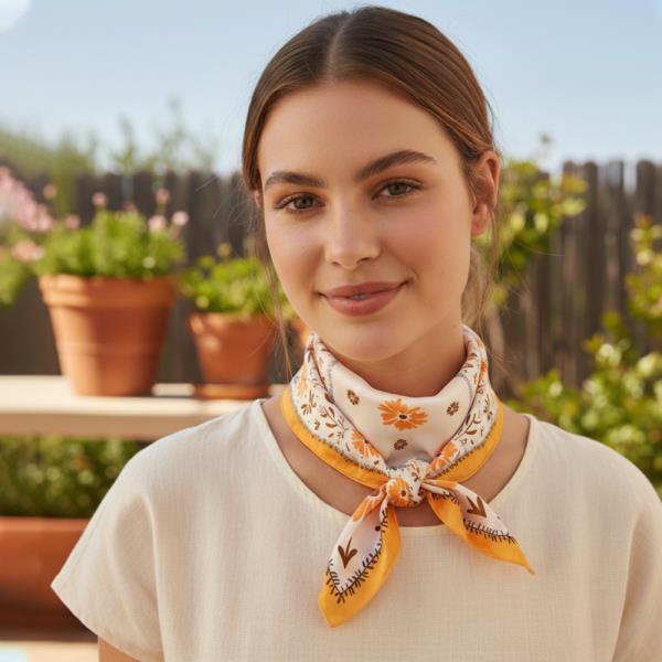 DAISY BORDER EMBROIDERY PRINT SILKY BANDANA SQUARE NECK SCARF