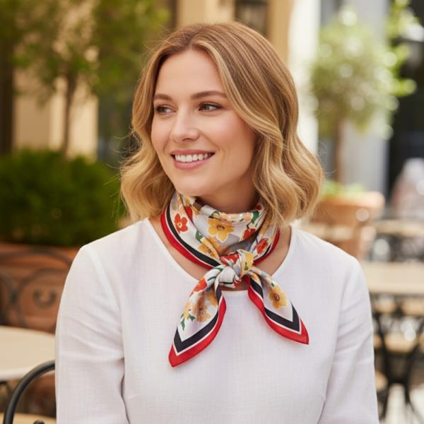 PATCHWORK BLOOM PRINT SILKY BANDANA SQUARE NECK SCARF