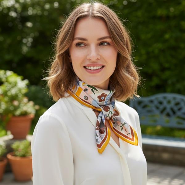 PATCHWORK BLOOM PRINT SILKY BANDANA SQUARE NECK SCARF