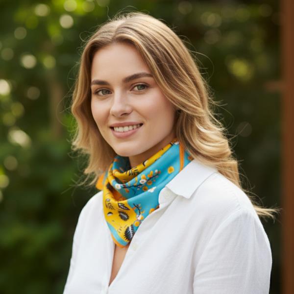 CONTRAST TWO-TONE BOTANICAL PRINT SILKY BANDANA SQUARE NECK SCARF