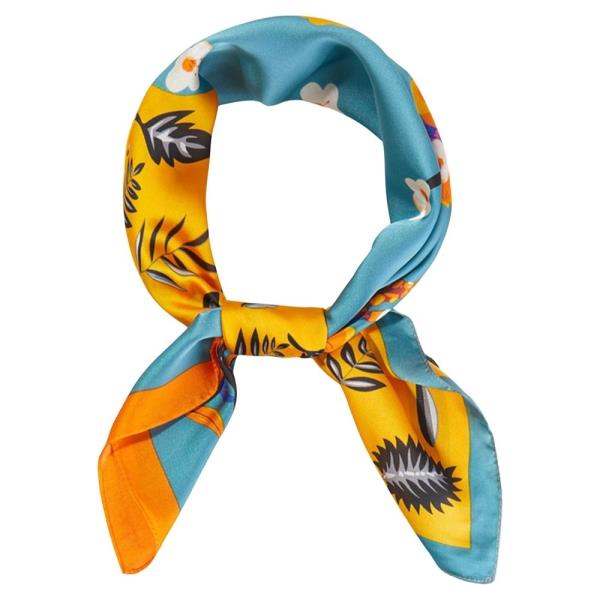 CONTRAST TWO-TONE BOTANICAL PRINT SILKY BANDANA SQUARE NECK SCARF