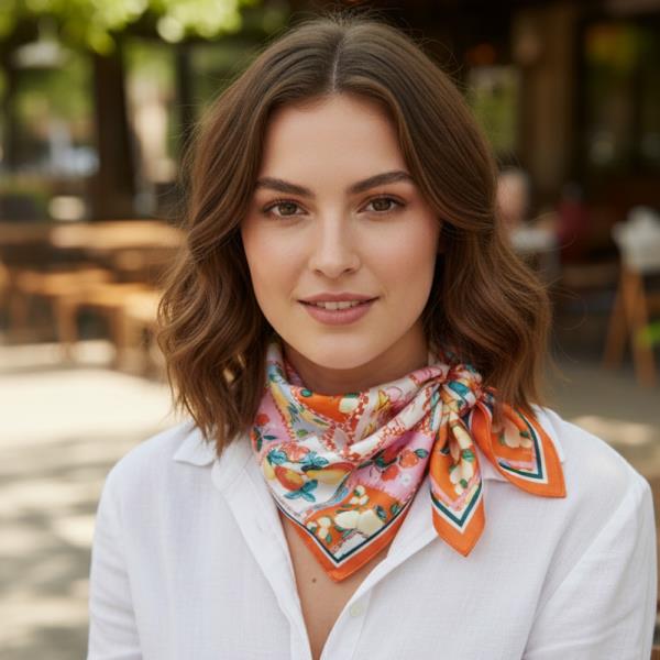 MIXED FRUIT PATCHWORK PRINT SILKY BANDANA SQUARE NECK SCARF