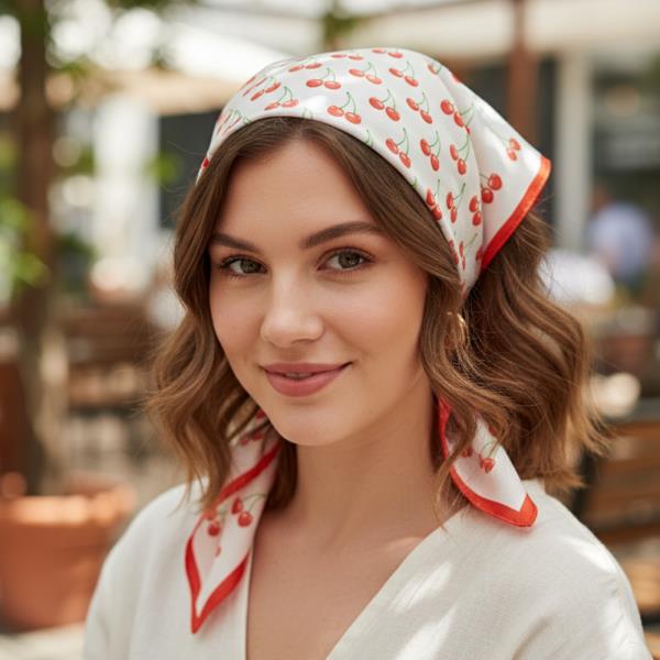 CHERRY PATTERN SILKY BANDANA SQUARE NECK SCARF