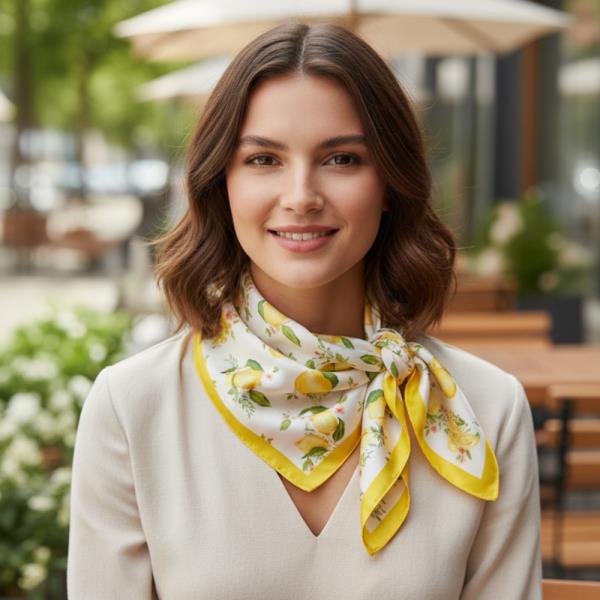 LEMON BLOSSOM PRINT SILKY BANDANA SQUARE NECK SCARF