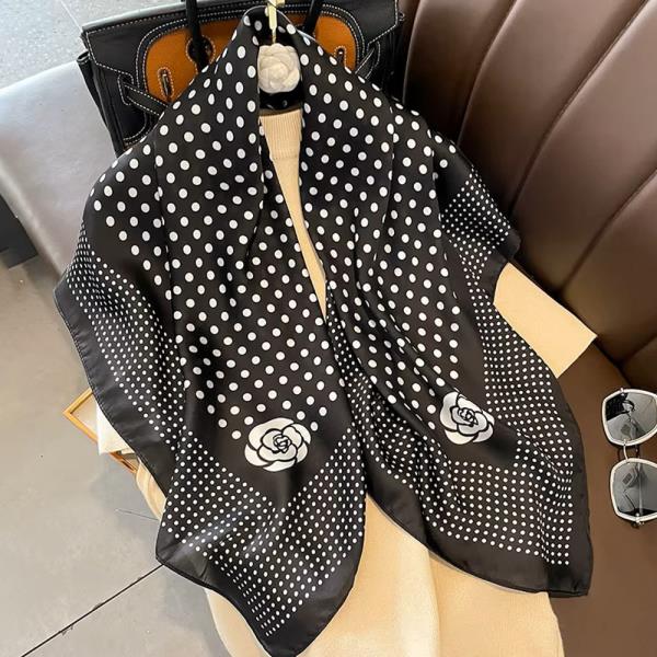 SILKY POLKA DOT ROSE PATTERN BANDANA SQUARE NECK SCARF