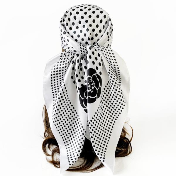 SILKY POLKA DOT ROSE PATTERN BANDANA SQUARE NECK SCARF