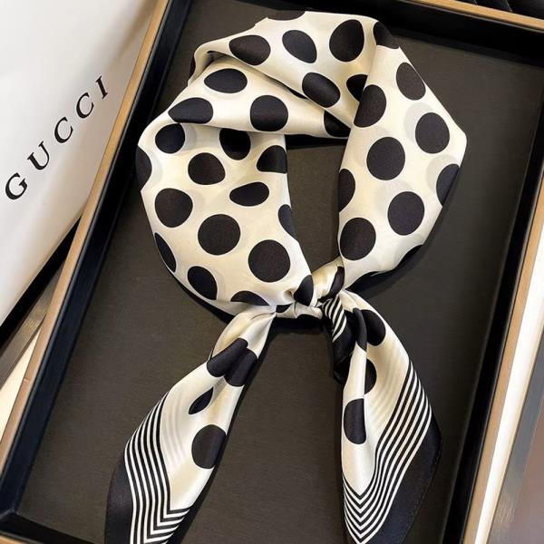 SILKY POLKA DOT STRIPE EDGE BANDANA SQUARE NECK SCARF