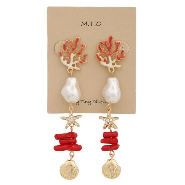 PEARL BEAD CORAL SEA LIFE CHARM DANGLE EARRING