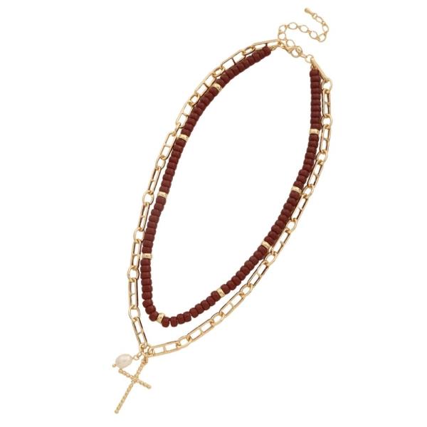 MULTI STRAND BEADED CROSS PEARL PENDANT LAYERED NECKLACE
