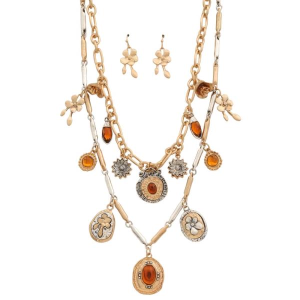 TWO TONE STONE MULTI CHARM LAYERED NECKLACE